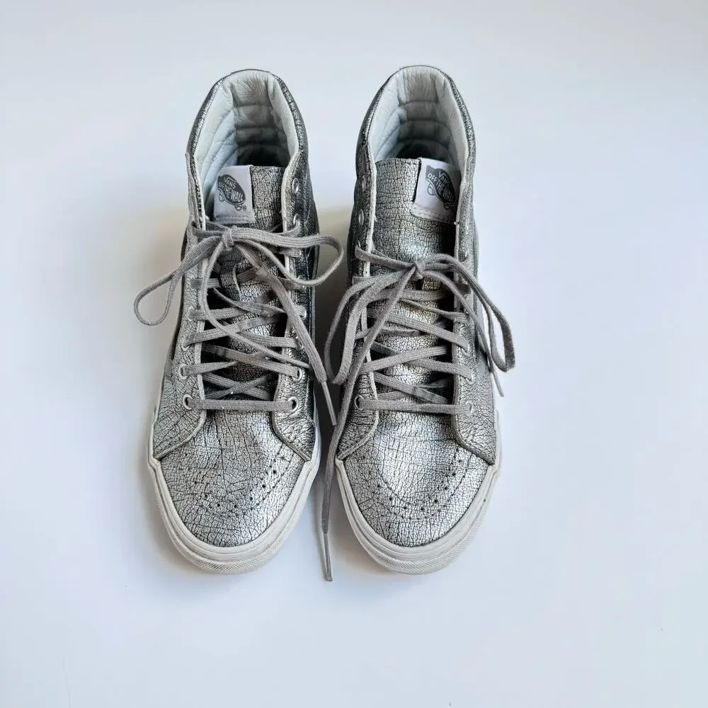 VANS Rare Metallic Silver Leather Upper SK8 High Top Slim Shoes M 5.5 - W 7 - Picture 3 of 10